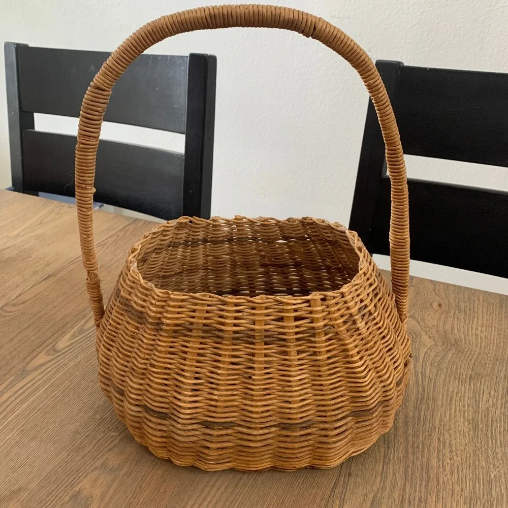 Vintage Hand Woven Wicker Basket with High Arch Handle Natural Brown Oval Rustic
